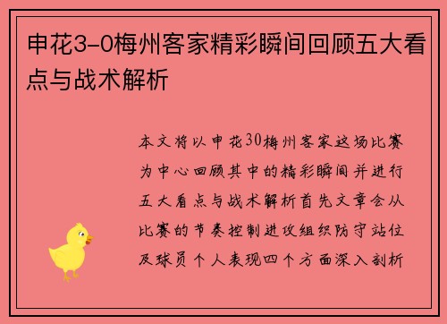 申花3-0梅州客家精彩瞬间回顾五大看点与战术解析